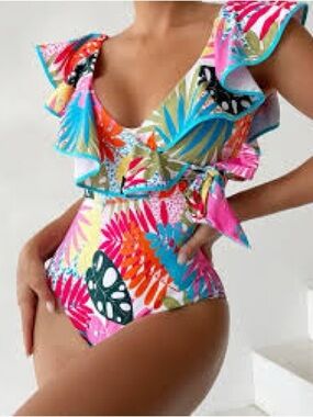 SHEIN Multicolor Tropical Ruffle One-Piece Swimsuit size 14